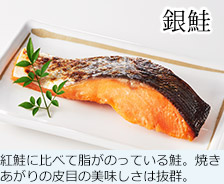 銀鮭 紅鮭に比べて脂がのっている鮭。焼きあがりの皮目の美味しさは抜群。
